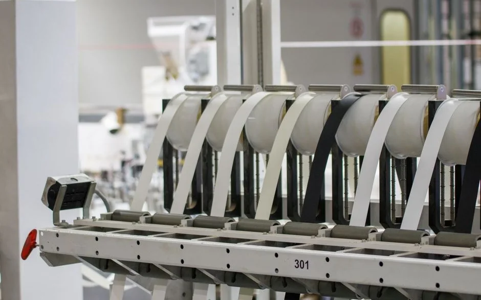 Fabrika içinde uzanan beyaz gövdeli otomatik üretim hattı