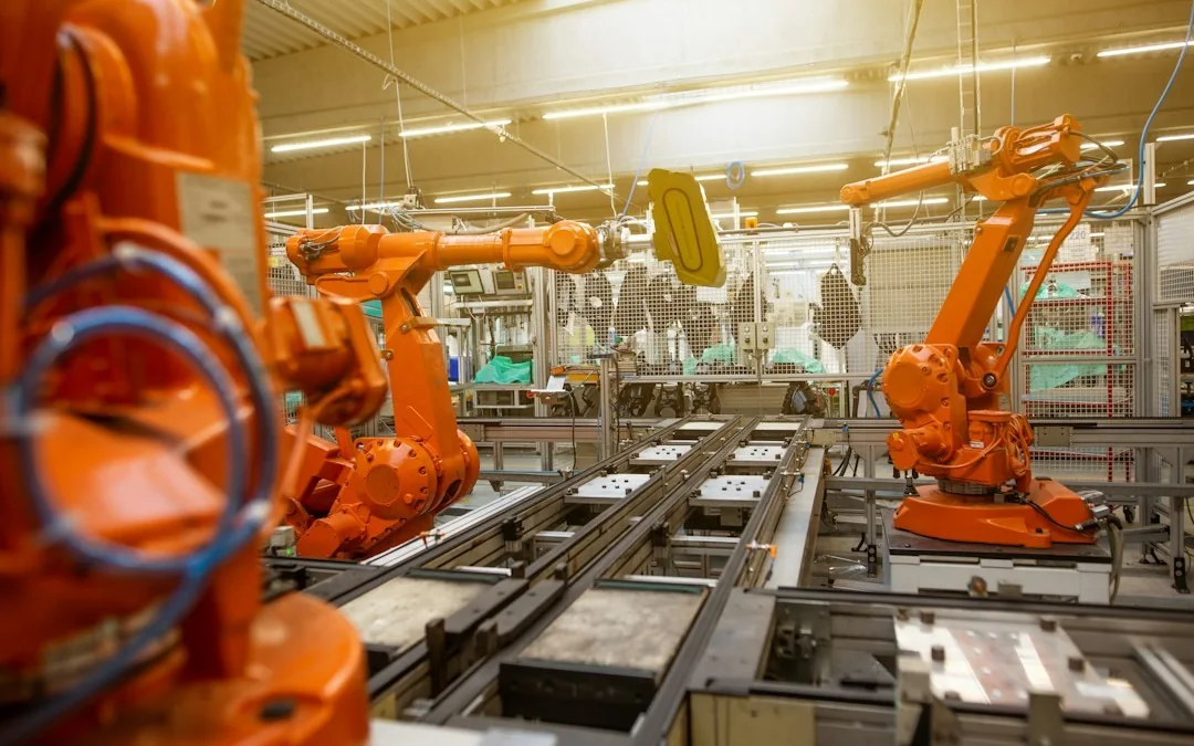 Üretim hattında sıralı çalışan turuncu endüstriyel robot kollar